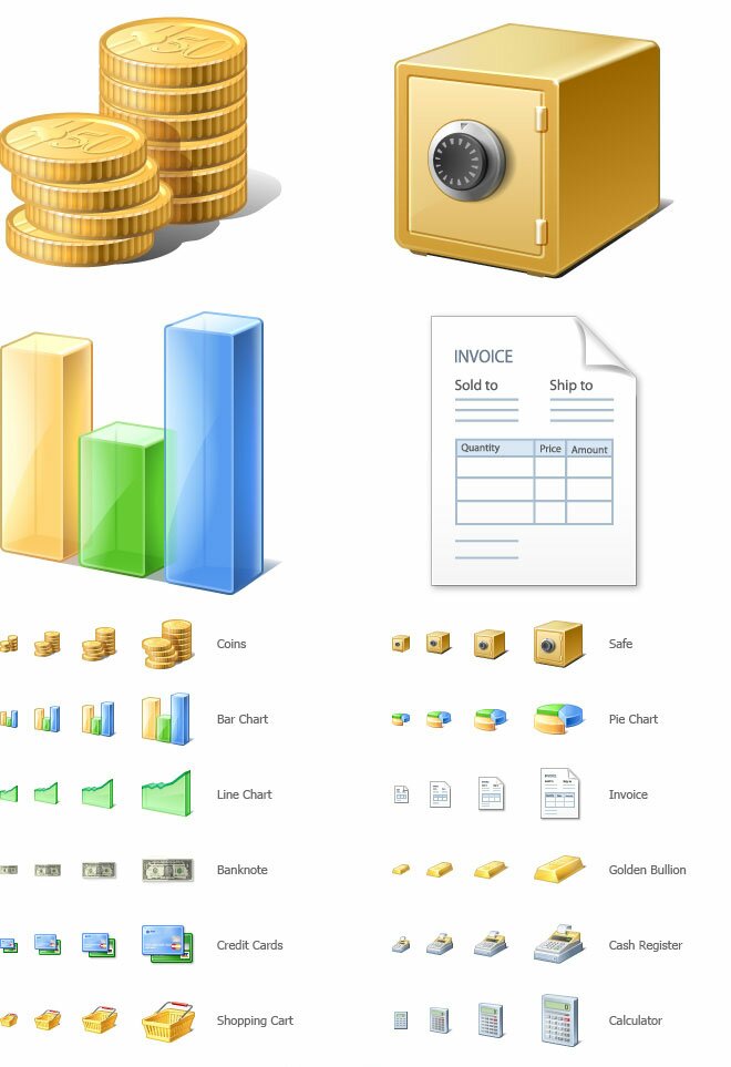 Stock vista icons for finance. Coins, bills, graphs, credit cards etc. Great icon set for financial software: billing, banking, brokerage etc.