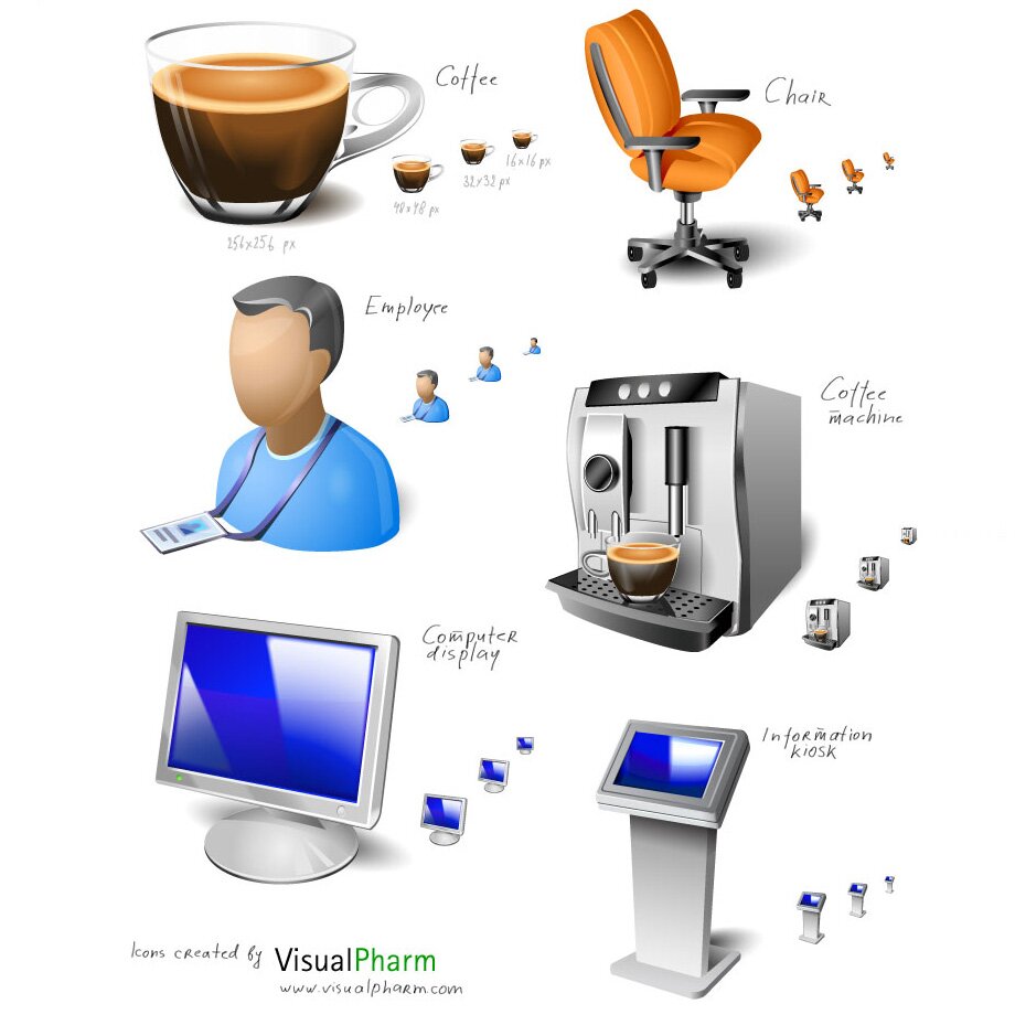 Stock office space icons. Coffee, Chair, Employee, Coffee Machine, Display, Information Kiosk