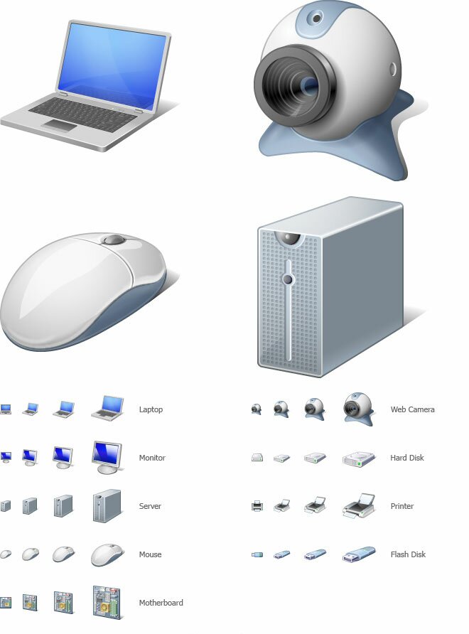 Stock Vista icons for computer hardware: desktop computer, laptop, monitor, mouse and other equipment. This icon set is good for hardware-related software (tuning the system, managing infrastructure, network-related software etc).